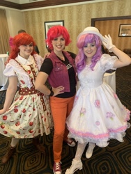 Size: 1536x2048 | Tagged: safe, artist:maddymoiselle, artist:sarahndipity cosplay, artist:shelbeanie, derpibooru import, apple bloom, scootaloo, sweetie belle, human, clothes, converse, cosplay, costume, cutie mark crusaders, everfree northwest, everfree northwest 2019, gloves, hand on hip, irl, irl human, photo, shoes