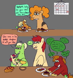 Size: 1131x1205 | Tagged: artist needed, safe, derpibooru import, applejack, big macintosh, bright mac, granny smith, pear butter, earth pony, comic, dialogue