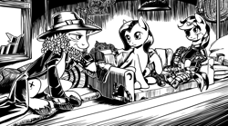 Size: 4256x2364 | Tagged: safe, artist:lexx2dot0, derpibooru import, oc, oc only, oc:blackjack, oc:morning glory (project horizons), pegasus, pony, unicorn, fallout equestria, fallout equestria: project horizons, black and white, dashite, fanfic art, grayscale, high res, horn, monochrome, small horn