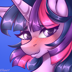 Size: 2000x2000 | Tagged: safe, alternate version, artist:ellynet, derpibooru import, twilight sparkle, twilight sparkle (alicorn), alicorn, alternate character, blushing, bust, portrait