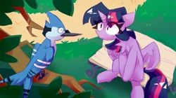 Size: 4096x2301 | Tagged: safe, artist:nekosnicker, derpibooru import, twilight sparkle, twilight sparkle (alicorn), alicorn, bird, blue jay, pony, bench, chest fluff, mordecai, regular show, sitting, tree branch