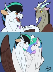 Size: 1024x1366 | Tagged: safe, artist:cardinalauro, derpibooru import, discord, princess celestia, oc, alicorn, draconequus, hybrid, pony, crying, dislestia, draconequus oc, father and child, father and son, female, hug, interspecies offspring, male, mother and child, mother and son, offspring, parent and child, parent:discord, parent:princess celestia, parents:dislestia, sharp teeth, shipping, straight, teeth, winghug, wings