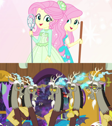 Size: 1280x1440 | Tagged: safe, derpibooru import, edit, edited screencap, screencap, discord, fluttershy, parcel post, post haste, draconequus, discordant harmony, equestria girls, equestria girls series, so much more to me, broom, clone, discord crew, discord's house, discoshy, doorway, female, flying napkin, glasses, happy, male, microphone, multeity, shipping, shipping domino, singing, smiling, straight, the discord zone