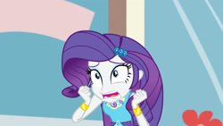 Size: 3410x1920 | Tagged: safe, derpibooru import, screencap, rarity, display of affection, equestria girls, equestria girls series, bracelet, clothes, cutie mark, cutie mark on clothes, female, geode of shielding, hairpin, jewelry, magical geodes, open mouth, rarity peplum dress, solo