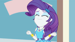 Size: 3410x1920 | Tagged: safe, derpibooru import, screencap, rarity, display of affection, equestria girls, equestria girls series, bracelet, clothes, cutie mark, cutie mark on clothes, eyes closed, female, geode of shielding, hairpin, jewelry, magical geodes, rarity peplum dress, solo