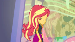 Size: 3410x1920 | Tagged: safe, derpibooru import, screencap, sunset shimmer, display of affection, equestria girls, equestria girls series, clothes, cutie mark, cutie mark on clothes, eyes closed, female, geode of empathy, jacket, jewelry, leather, leather jacket, magical geodes, necklace, solo