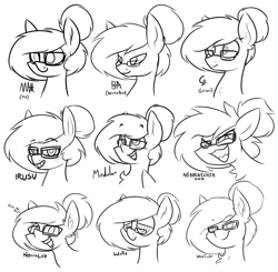 Size: 2713x2657 | Tagged: safe, artist:moonatik, derpibooru import, oc, oc only, oc:moonatik, pegasus, ear fluff, ears, fluffy, glasses, hair bun, hypnosis, hypnotized, looking at you, male, monochrome, pegasus oc, sharp teeth, sketch, smiling, stallion, style emulation, teeth