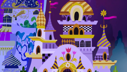 Size: 1280x720 | Tagged: safe, derpibooru import, screencap, the best night ever, background, canterlot, canterlot castle, flag, night, no pony, scenic ponyville, tree