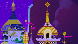 Size: 1280x720 | Tagged: safe, derpibooru import, screencap, the best night ever, background, canterlot, canterlot castle, flag, mountain, night, no pony, scenic ponyville, waterfall