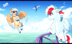 Size: 1170x720 | Tagged: safe, artist:lastnight-light, derpibooru import, oc, oc only, oc:calm winds, oc:high tide, oc:windzap, pegasus, pony, female, male, mare, stallion, sunglasses