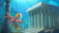 Size: 1762x1000 | Tagged: safe, artist:margony, derpibooru import, oc, oc only, oc:crash dive, fish, pegasus, pony, shark, ancient greece, boots, city, clothes, commission, diving, diving helmet, diving suit, female, hose, light, mare, pillar, rock, ruins, scenery, scenery porn, scuba, seabed, seaweed, shoes, smiling, solo, swimming, underwater, water, wings