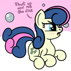 Size: 2000x2000 | Tagged: safe, artist:dafiltafish, derpibooru import, bon bon, sweetie drops, earth pony, pony, comic:day by day, blushing, dialogue, offscreen character, solo, text