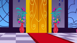Size: 1280x720 | Tagged: safe, derpibooru import, screencap, the best night ever, background, canterlot, canterlot castle interior, carpet, checkered floor, door, flower, flower pot, no pony, scenic ponyville, stained glass
