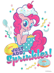 Size: 700x950 | Tagged: safe, derpibooru import, pinkie pie, earth pony, pony, g4, balloon, cherry, confetti, cream, cropped, cupcake, design, donut, female, food, mare, merchandise, official, shirt design, simple background, solo, sprinkles, text, transparent background