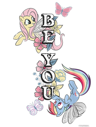 Size: 750x1000 | Tagged: safe, derpibooru import, fluttershy, rainbow dash, butterfly, pegasus, pony, g4, cropped, design, duo, female, flower, mare, merchandise, official, shirt design, simple background, text, transparent background