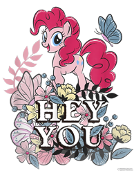Size: 700x900 | Tagged: safe, derpibooru import, pinkie pie, butterfly, earth pony, pony, g4, cropped, design, female, flower, leaves, mare, merchandise, official, shirt design, simple background, solo, text, transparent background