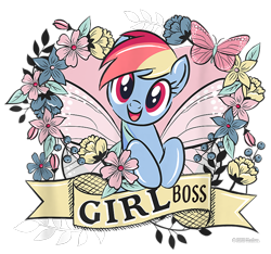 Size: 800x750 | Tagged: safe, derpibooru import, rainbow dash, butterfly, pegasus, pony, g4, cropped, design, female, flower, leaves, mare, merchandise, official, ribbon, shirt design, simple background, solo, text, transparent background