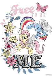 Size: 700x1000 | Tagged: safe, derpibooru import, fluttershy, rainbow dash, butterfly, pegasus, pony, g4, butterfly wings, cropped, design, duo, female, flower, flying, leaves, mare, merchandise, official, shirt design, simple background, text, transparent background, wings