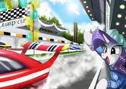 Size: 1024x724 | Tagged: safe, artist:neoshrek, derpibooru import, rarity, pony, unicorn, car, circuit, hat, open mouth, open smile, race track, racecar, racing, smiling, solo, waving