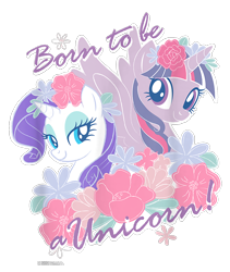 Size: 800x950 | Tagged: safe, derpibooru import, rarity, twilight sparkle, twilight sparkle (alicorn), alicorn, pony, unicorn, g4, cropped, design, duo, female, flower, flower in hair, leaves, mare, merchandise, official, shirt design, simple background, text, transparent background