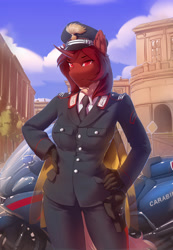 Size: 2200x3184 | Tagged: safe, artist:littlepolly, derpibooru import, oc, oc only, oc:flechette, anthro, changeling, hybrid, moth, mothling, original species, carabinieri, clothes, cloud, female, gloves, hand on hip, horn, italy, motorcycle, red changeling, solo, standing, uniform, wings