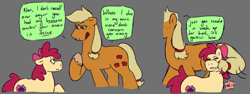 Size: 640x240 | Tagged: safe, artist:tezzart, artist:tezzbot, derpibooru import, apple bloom, applejack, rainbow dash, earth pony, appledash, comic, dialogue, female, lesbian, shipping, simple background