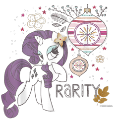 Size: 850x900 | Tagged: safe, derpibooru import, rarity, pony, unicorn, g4, bauble, cropped, decoration, design, female, flower, leaves, mare, merchandise, official, shirt design, simple background, solo, stars, text, transparent background