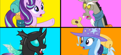 Size: 1560x720 | Tagged: safe, derpibooru import, discord, starlight glimmer, thorax, trixie, changeling, draconequus, pony, to where and back again, blue background, color palette, orange background, pink background, reformed four, simple background, yellow background, youtube link