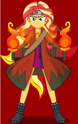 Size: 1360x2160 | Tagged: safe, artist:jcpreactyt, derpibooru import, sunset shimmer, equestria girls, cape, clothes, fiery shimmer, fire, fireball, headband, naruto, naruto shippuden, ninja, outfit, protector, scroll, serious, sunset shimmer day