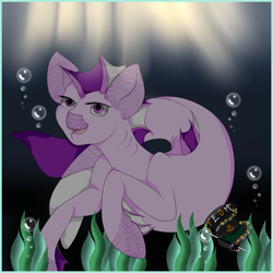 Size: 2449x2449 | Tagged: safe, artist:theelementofmagic, derpibooru import, oc, oc only, merpony, seapony (g4), collaboration, bubble, crepuscular rays, deviantart watermark, dorsal fin, fins, fish tail, flowing tail, obtrusive watermark, ocean, open mouth, purple eyes, seaweed, signature, smiling, solo, sunlight, swimming, tail, underwater, water, watermark