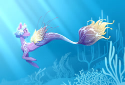 Size: 1280x876 | Tagged: safe, artist:lilitepsilon, derpibooru import, oc, oc only, merpony, seapony (g4), blue background, blue mane, bubble, commission, coral, crepuscular rays, digital art, female, fish tail, flowing tail, looking back, mermaid tail, ocean, purple eyes, scales, seaweed, simple background, smiling, solo, sunlight, swimming, tail, underwater, water, ych result