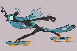 Size: 3000x2000 | Tagged: safe, artist:swagstapiece, derpibooru import, queen chrysalis, changeling, changeling queen, bipedal, female, fire, simple background, skateboard, solo