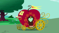 Size: 1280x720 | Tagged: safe, derpibooru import, screencap, the best night ever, apple carriage, background, bush, cloud, day, no pony, scenic ponyville, tree