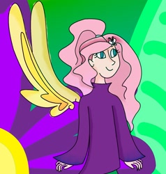 Size: 1353x1422 | Tagged: safe, artist:goldlines005, derpibooru import, fluttershy, human, clothes, eyelashes, female, humanized, smiling, solo, winged humanization, wings