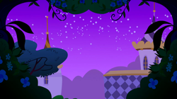 Size: 1280x720 | Tagged: safe, derpibooru import, screencap, the best night ever, background, bush, canterlot, canterlot castle, flower, mountain, night, scenic ponyville, stars