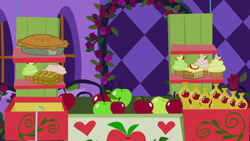 Size: 1280x720 | Tagged: safe, derpibooru import, screencap, the best night ever, apple, background, canterlot, cart, flower, food, muffin, night, no pony, pie, rose, scenic ponyville
