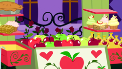Size: 1280x720 | Tagged: safe, derpibooru import, screencap, the best night ever, apple, background, canterlot, cart, food, muffin, night, no pony, pie, scenic ponyville, window