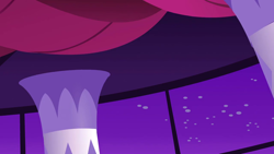 Size: 1280x720 | Tagged: safe, derpibooru import, screencap, the best night ever, background, canterlot castle interior, column, liminal space, night, no pony, scenic ponyville, stars, window