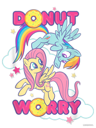 Size: 750x1000 | Tagged: safe, derpibooru import, fluttershy, rainbow dash, pegasus, pony, g4, cloud, cropped, design, donut, duo, female, flying, food, mare, merchandise, official, pun, shirt design, simple background, stars, text, transparent background