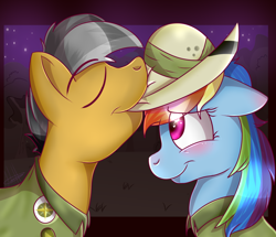 Size: 1200x1030 | Tagged: safe, artist:millefaller, derpibooru import, quibble pants, rainbow dash, earth pony, pegasus, pony, 2016, blushing, clothes, eyes closed, female, hat, male, mare, mouth hold, pith helmet, quibbledash, shipping, stallion, straight