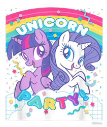 Size: 800x950 | Tagged: safe, derpibooru import, rarity, twilight sparkle, twilight sparkle (alicorn), alicorn, pony, unicorn, g4, confetti, cropped, design, duo, female, mare, merchandise, official, rainbow, shirt design, simple background, text, transparent background