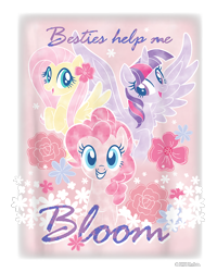 Size: 800x1000 | Tagged: safe, derpibooru import, fluttershy, pinkie pie, twilight sparkle, twilight sparkle (alicorn), alicorn, earth pony, pegasus, pony, g4, cropped, design, female, flower, mare, merchandise, official, pink background, shirt design, simple background, text, transparent background, trio