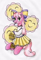 Size: 2588x3713 | Tagged: safe, artist:40kponyguy, derpibooru exclusive, derpibooru import, cheerilee, earth pony, bow, cheerileeder, cheerleader, cheerleader outfit, clothes, cutie mark background, ear fluff, ears, hair bow, looking at you, pom pom, simple background, skirt, solo, traditional art