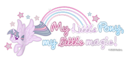 Size: 850x400 | Tagged: safe, derpibooru import, twilight sparkle, twilight sparkle (alicorn), alicorn, pony, g4, cropped, design, female, mare, merchandise, official, rainbow, shirt design, simple background, solo, stars, text, transparent background