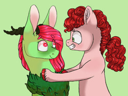 Size: 800x600 | Tagged: safe, artist:ukulelepineapplecat, derpibooru import, oc, oc:flora, draconequus, hybrid, pony, draconequus oc, female, green background, interspecies offspring, mare, offspring, parent:cheese sandwich, parent:discord, parent:fluttershy, parent:pinkie pie, parents:cheesepie, parents:discoshy, simple background