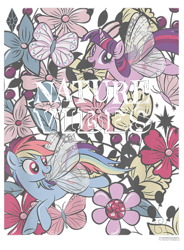 Size: 700x950 | Tagged: safe, derpibooru import, rainbow dash, twilight sparkle, twilight sparkle (alicorn), alicorn, butterfly, pegasus, pony, g4, balloon, butterfly wings, cropped, cutie mark, design, diamond, female, flower, leaves, mare, merchandise, official, shirt design, simple background, text, transparent background, wings