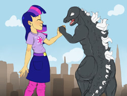 Size: 900x685 | Tagged: safe, artist:ukulelepineapplecat, derpibooru import, twilight sparkle, human, kaiju, pony, building, clothes, crossover, eyes closed, female, godzilla, godzilla (series), handshake, holding hands, humanized, macro, male, outdoors, skirt, smiling