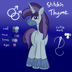 Size: 3000x3000 | Tagged: safe, artist:bigmackintosh, derpibooru import, oc, oc only, oc:stitch'n thyme, pony, unicorn, cutie mark, gay, gradient background, high res, horn, male, reference, reference sheet, sewing needle, smiling, solo, stallion, unshorn fetlocks