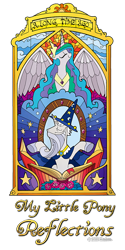 Size: 500x1000 | Tagged: safe, derpibooru import, idw, princess celestia, star swirl the bearded, alicorn, pony, unicorn, g4, reflections, spoiler:comic, beard, book, cloud, cropped, design, duo, facial hair, female, hat, male, mare, merchandise, official, shirt design, simple background, stained glass, stallion, stars, starswirl, text, transparent background, wizard hat
