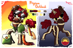 Size: 1725x1150 | Tagged: safe, artist:northernlightsone, derpibooru import, oc, oc only, oc:figjam outback, pony, unicorn, australia, bag, boomerang, boots, clothes, coat markings, cork hat, ear piercing, earring, female, hat, jewelry, lip piercing, machete, mare, necklace, piercing, raised hoof, raised leg, reference sheet, shirt, shoes, shorts, socks, solo, sunglasses, sunglasses on head, tanktop, tooth, unshorn fetlocks